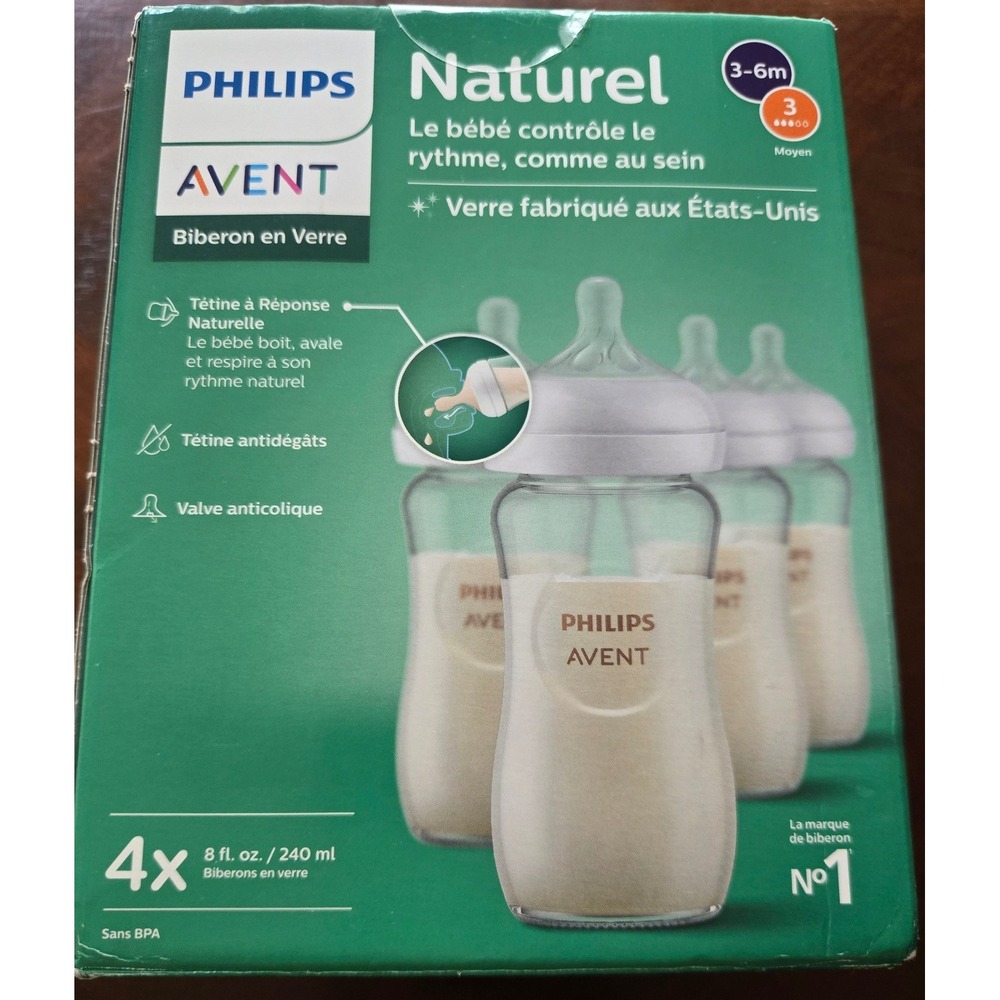 Philips Avent Natural Response Glass Baby Bottles 8oz 4pk 3-6m Flow 3 SCY913/04